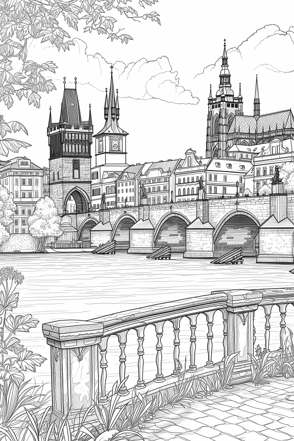 European riverside historic bridge and city architecture landscape, realistic line art style — free printable european and american coloring book page