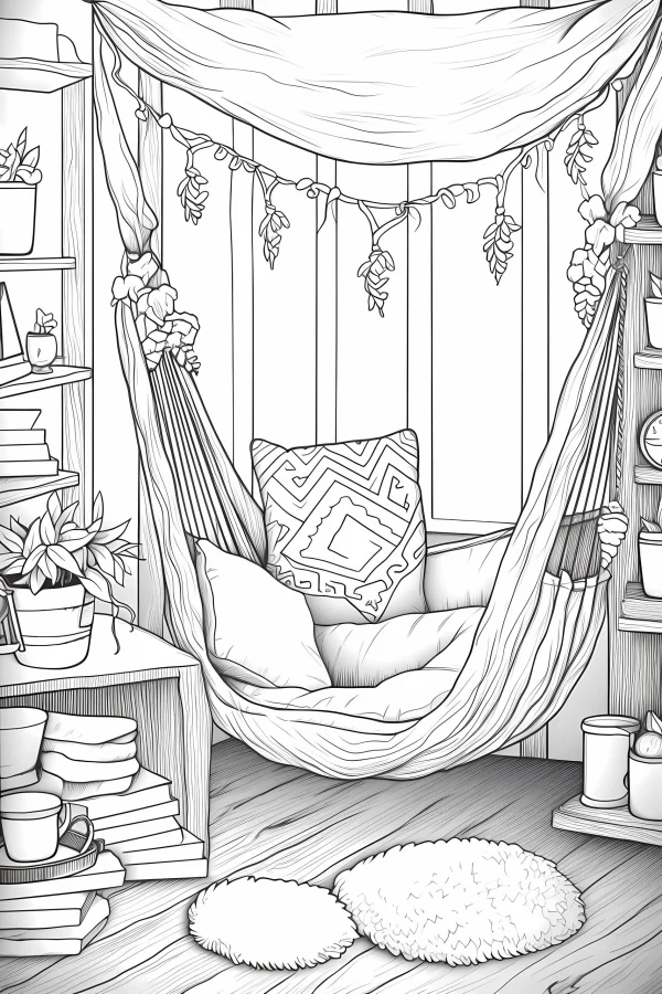 Cozy home hammock corner, sketch style — free printable home leisure coloring book page