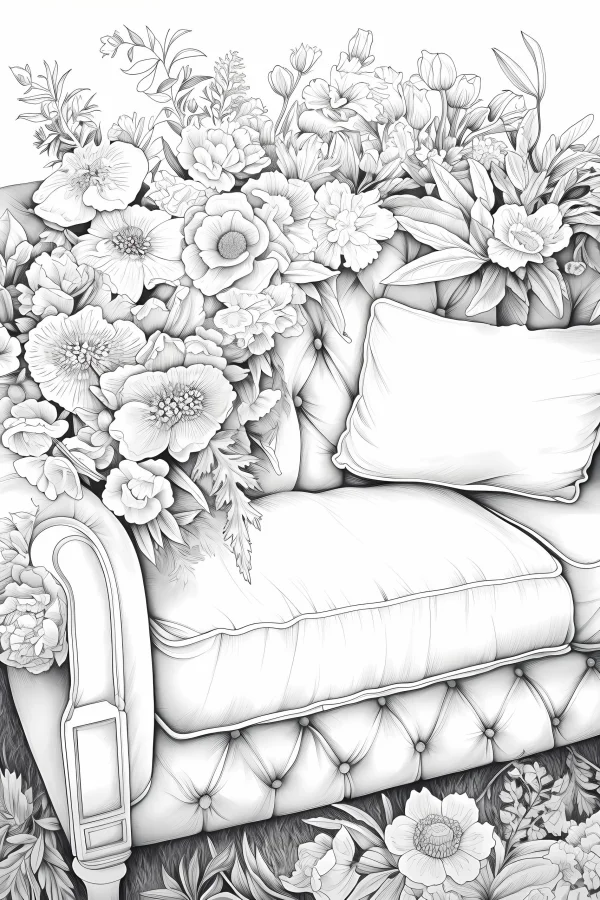 Vintage sofa surrounded by various flowers and plants, realistic  fine clean flowing organic lines — free printable home living coloring book page