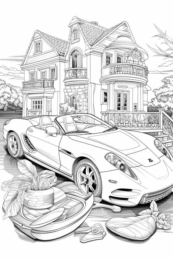 Convertible sports car in front of european villa, realistic sketch style — free printable home coloring book page