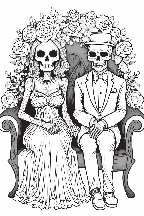 Day of the dead skeleton bride and groom sitting on a vintage armchair, gothic style — free printable wedding coloring book page