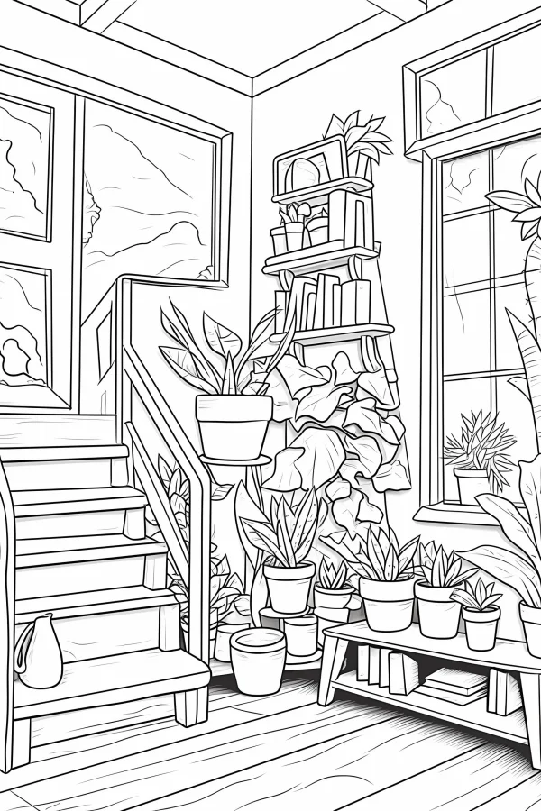 Cozy indoor staircase corner filled with various potted plants, realistic illustration style — free printable home life coloring book page