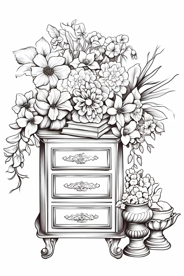 Dresser decorated with abundant flowers, realistic line art style — free printable home coloring book page