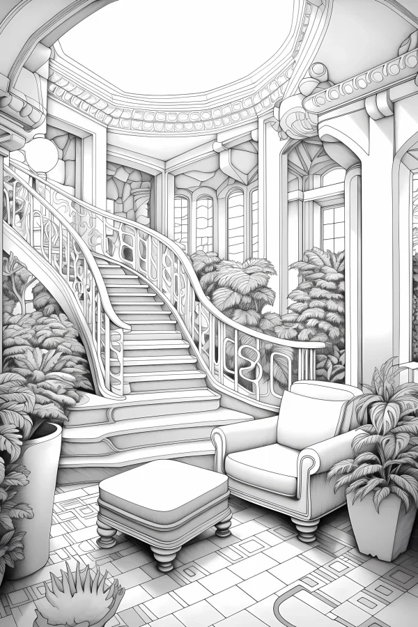 Interior scene with spiral staircase and lounge furniture set, realistic line art style — free printable home living coloring book page