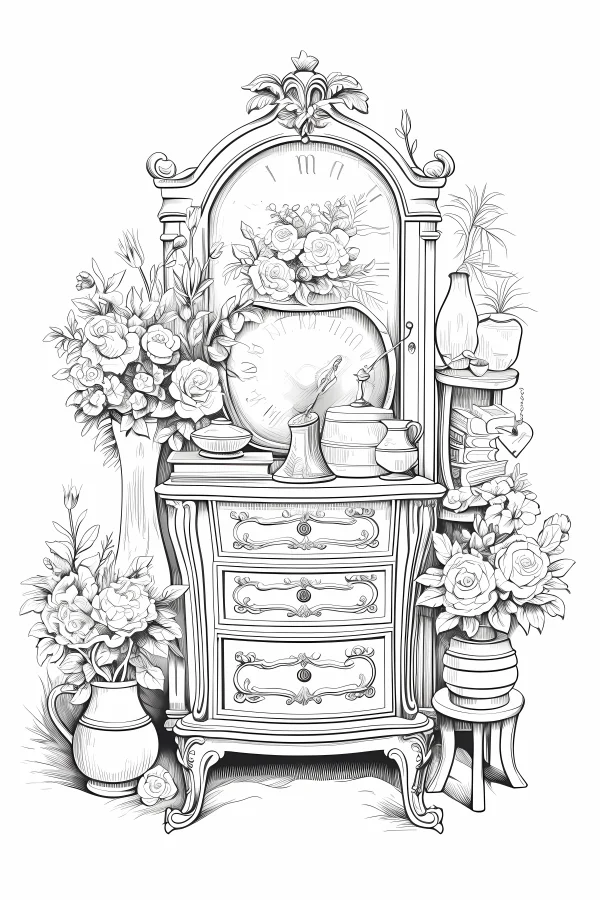Vintage carved cabinet with roses and floral arrangements, retro style — free printable home coloring book page