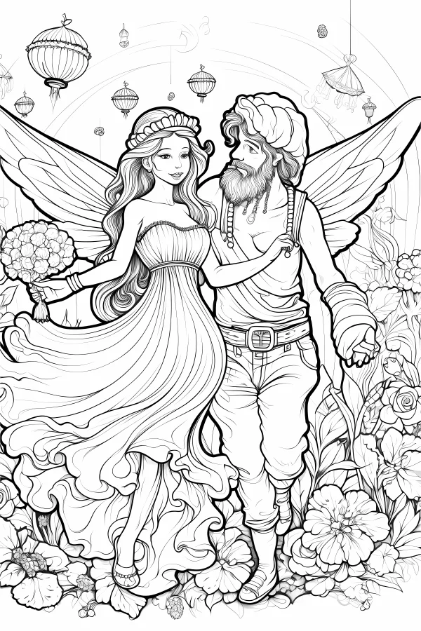 Coloring book page, winged fairy couple — free printable wedding coloring book page