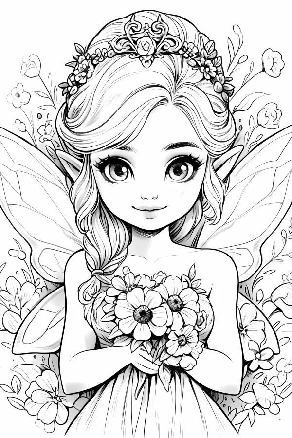 Cute elf girl holding flower bouquet, cartoon style — free printable elves coloring book page