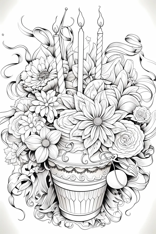 Cupcake decorated with various flowers and spiral candles, intricate detailed floral patterns — free printable birthday coloring book page