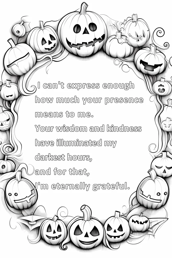 Gratitude message framed by various cute jack-o'-lanterns, cartoon style — free printable thanksgiving coloring book page