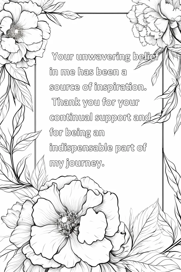 Floral decorative border with peonies and leaves, line art style — free printable gratitude coloring book page