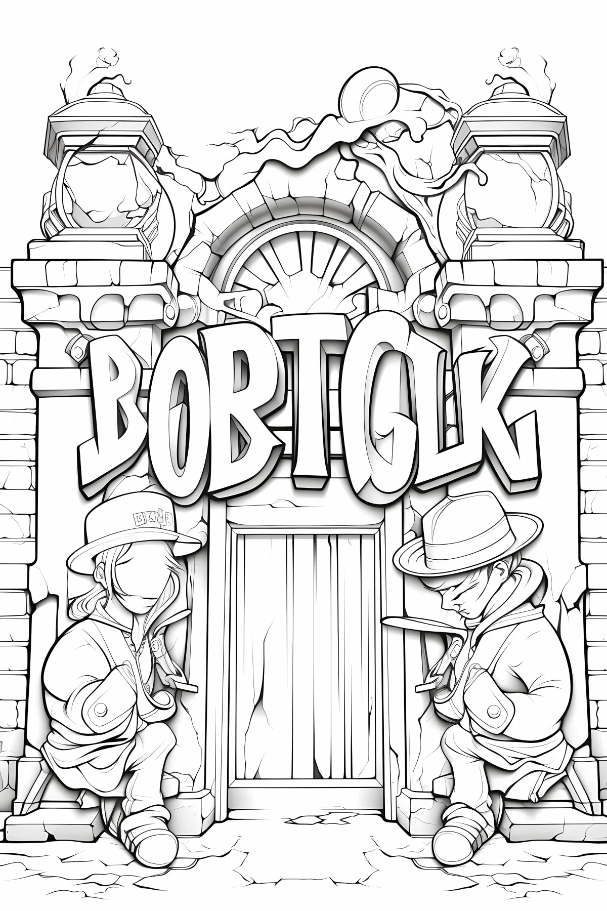 Cartoon street characters with stone gate, cartoon street style — cartoon style — moderate detail — line art coloring page — for kids ages 3–12