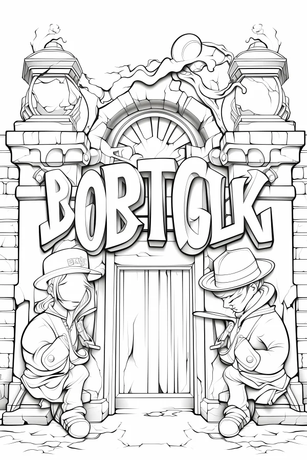 Cartoon street characters with stone gate, cartoon street style — free printable cartoon coloring book page
