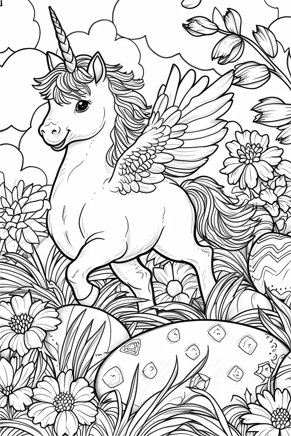 Winged unicorn, cartoon fairy tale style — free printable easter coloring book page