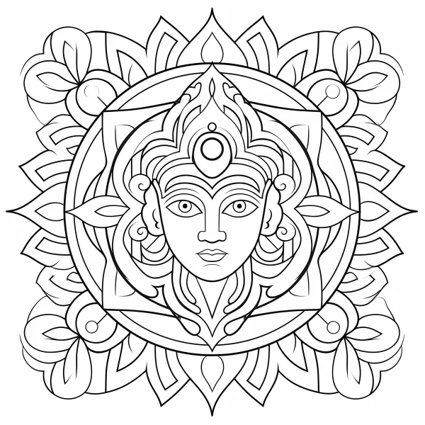 Mandala surrounding hindu deity face, indian cultural style — free printable india coloring book page