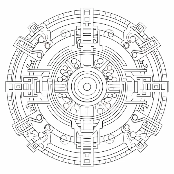 Mechanical symmetric geometric disc, abstract mechanical style — free printable geometry coloring book page