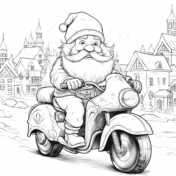 Santa claus riding a vintage scooter, cartoon style — free printable cycling coloring book page