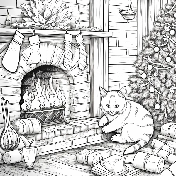 Cute cat sitting next to brick fireplace, cartoon style — free printable family life coloring book page