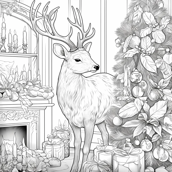 Christmas reindeer in cozy indoor scene, with fireplace — free printable life scenes coloring book page