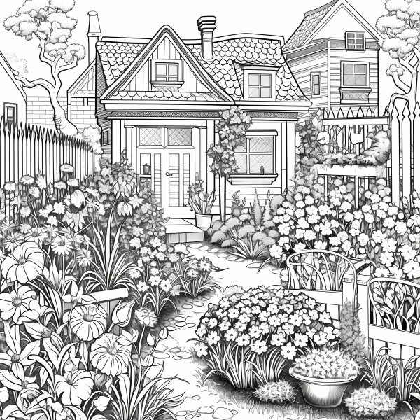Cozy garden cottage with various flowers, realistic line art style — free printable family life coloring book page