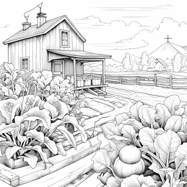 Rural farm house with vegetable garden, realistic sketch style — free printable farm coloring book page