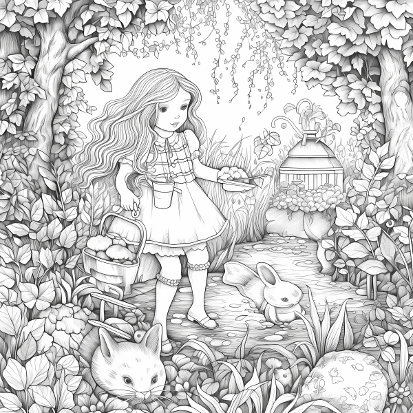 Girl with picnic basket in forest with rabbits, fairy tale cartoon style — free printable picnic coloring book page