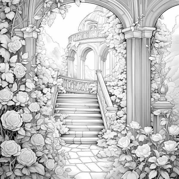 European-style staircase and building surrounded by rose vines, fairy tale style — free printable garden coloring book page