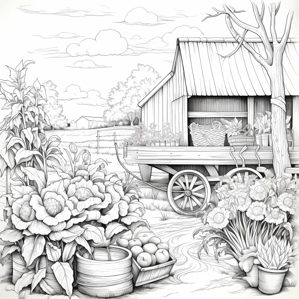 Rural farm gardening scene with wooden cottage, cart — free printable farm coloring book page