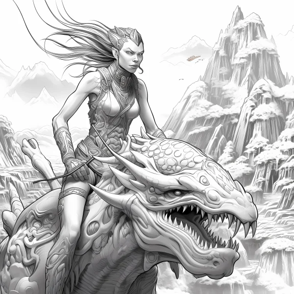 Elf riding a fantasy dragon, fantasy style — free printable adventure coloring book page