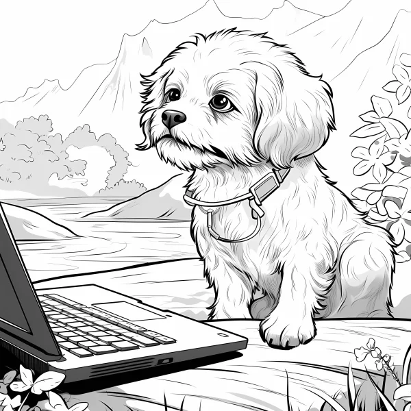 Cute fluffy puppy with collar, cartoon style — free printable daily coloring book page