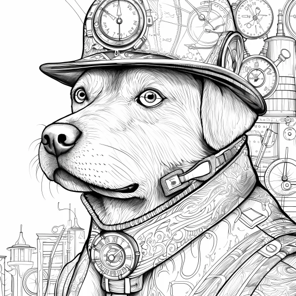 Steampunk labrador retriever, steampunk art style — free printable steampunk coloring book page