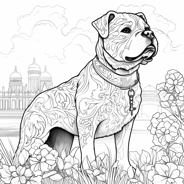 Decorative patterned bulldog, decorative art and illustration style — free printable architectural landscape coloring book page