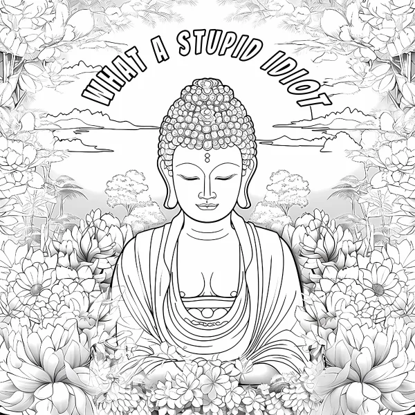 Meme-style buddha with curved text 'what a stupid idiot' above, surrounded by lotus flowers — free printable buddhism coloring book page