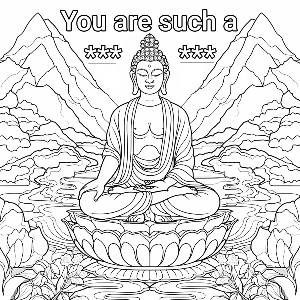 Buddha sitting on lotus pedestal, religious illustration style — free printable buddhism coloring book page