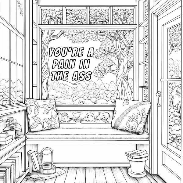 Cozy window seat reading nook with patterned cushions, books — free printable home life coloring book page