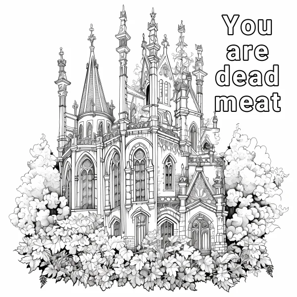Gothic castle surrounded by flowers, gothic style — free printable gothic coloring book page
