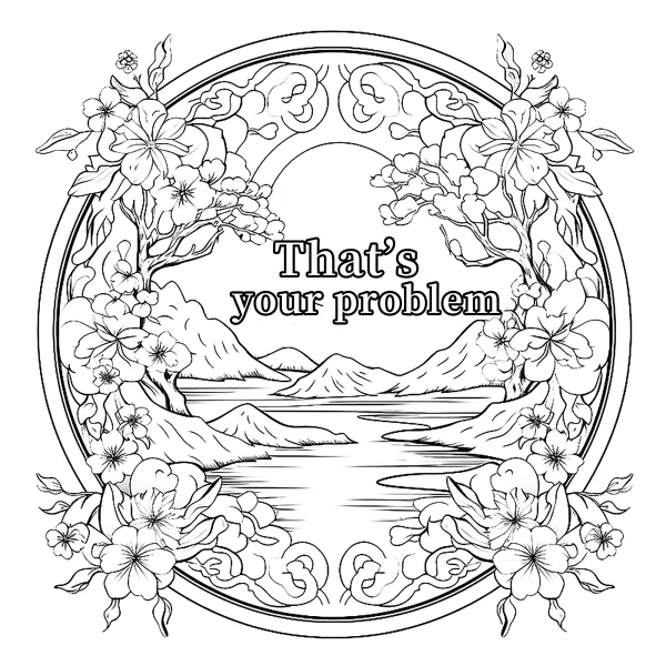 Coloring book page, circular framed chinese-style landscape with mountains — free coloring book page