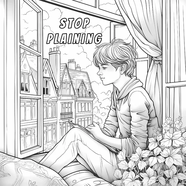 Boy reading by the window, cartoon realistic illustration style — free printable learning coloring book page