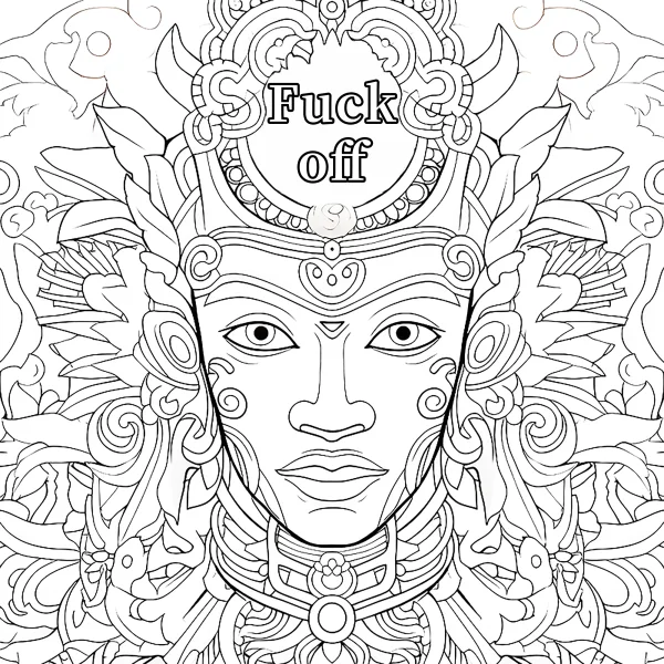Totem-style three-eyed human face, tribal ethnic intricate symmetric patterns — free printable abstract theme coloring book page