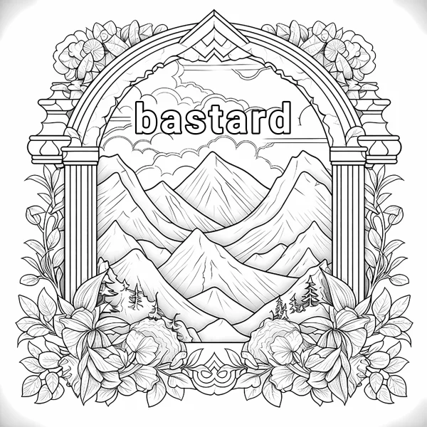 Mountain landscape with vulgar text 'bastard' on decorative arch frame, sketch style — free printable vulgar content coloring book page