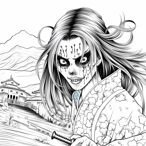 Japanese ghost in kimono holding a samurai sword, horror sketch style — free printable japanese coloring book page