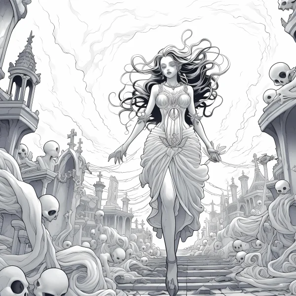 Gothic undead woman with wavy flowing hair, walking on cemetery stairs surrounded by numerous skulls and gothic spire buildings — free printable gothic coloring book page
