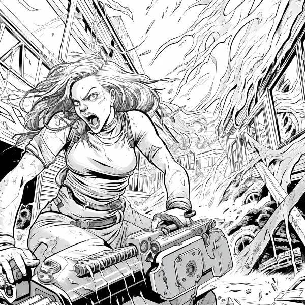 Fierce warrior girl holding heavy weapon in post-apocalyptic ruins, comic sci-fi style — free printable apocalypse coloring book page