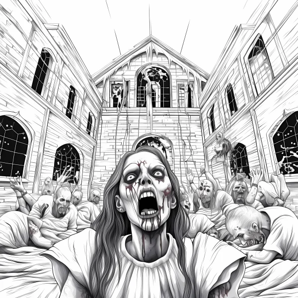 Bloody horror female patient in a mental asylum, dark realistic style — free printable dark coloring book page