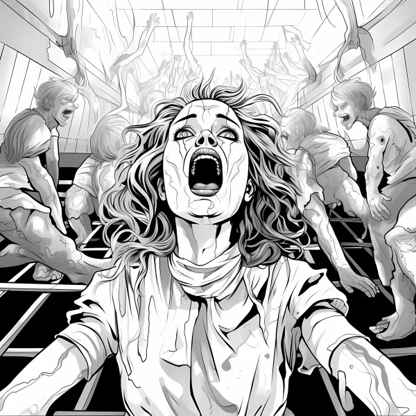 Screaming woman surrounded by mutated creatures in a grid-floored indoor room, horror dark style — free printable apocalypse coloring book page