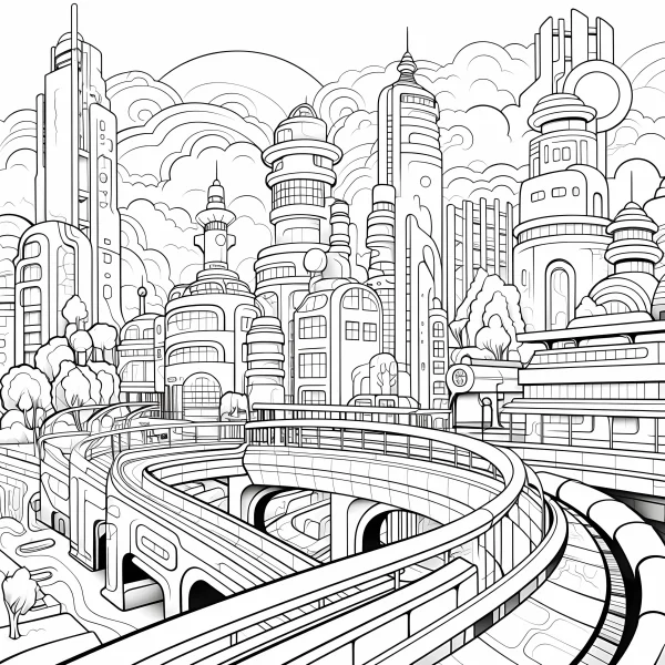 Futuristic sci-fi cityscape with skyscrapers and elevated highways, sci-fi style — free printable future city coloring book page