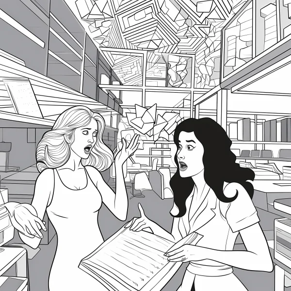 Two surprised women in an office, cartoon style — free printable work coloring book page