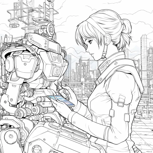 Female character interacting with mecha robot, anime sci-fi style — free printable robot coloring book page