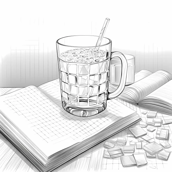 Coloring book page, grid-patterned glass cup with straw on grid notebook — free printable learning coloring book page