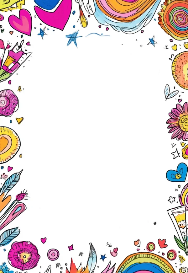 Doodle style decorative border with hearts, flowers — free printable handmade coloring book page
