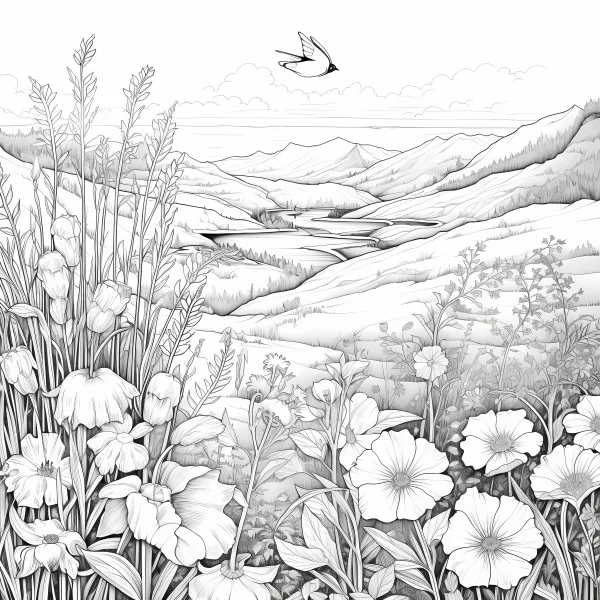 Floral mountain landscape with a flying swallow, realistic illustration style — free printable birds coloring book page